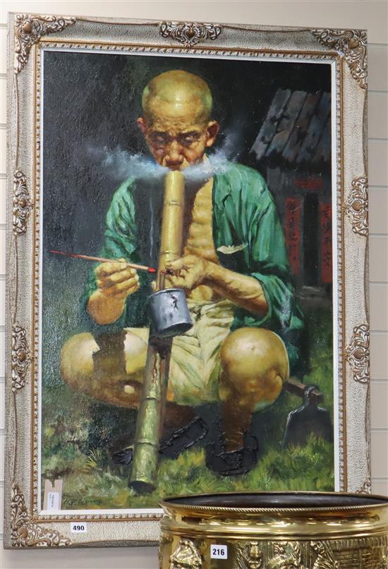 H. P. Wang (Chinese, probably 20th century), oil on canvas, squatting man with bamboo opium pipe, paint brush and pot